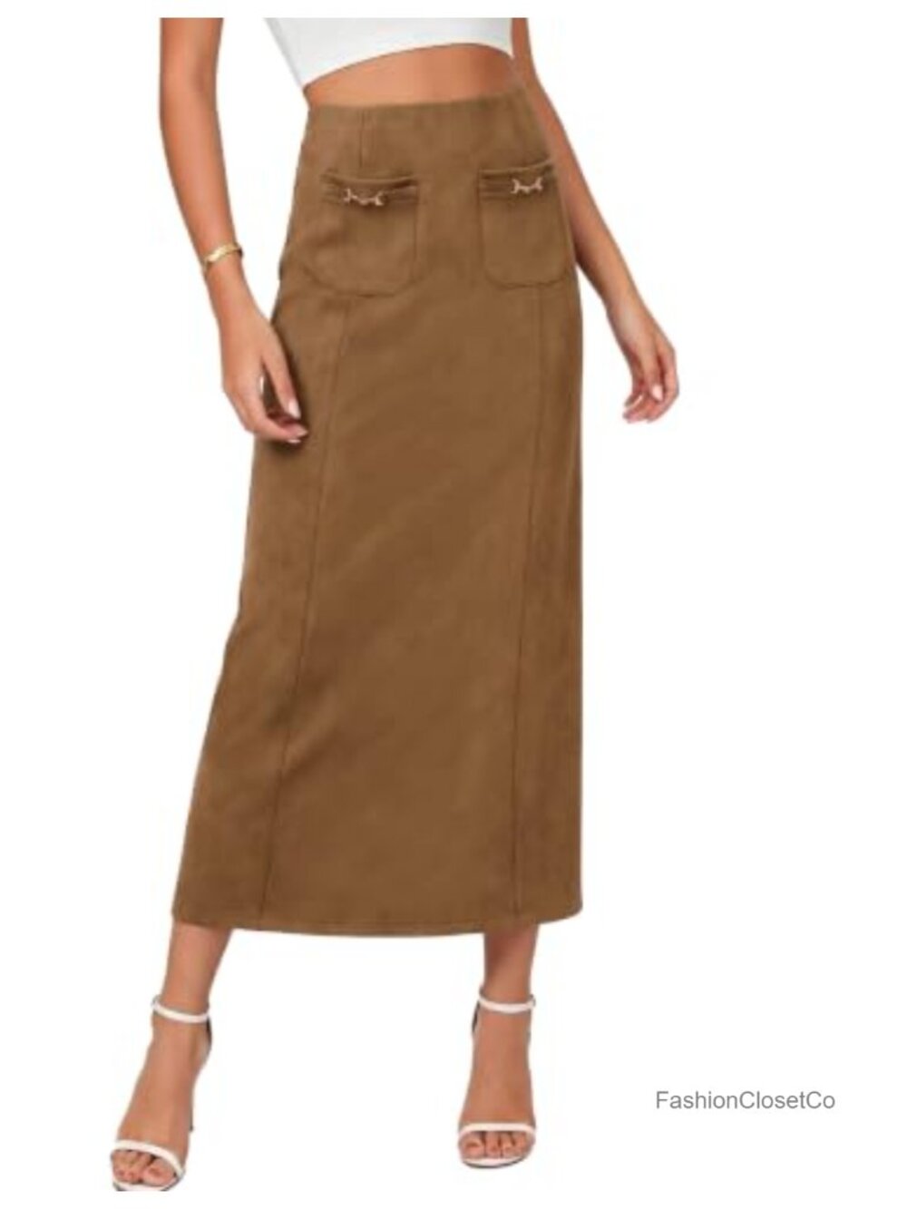 Faux Suede Midi Skirt with Pockets High Waisted A-Line Long Skirt